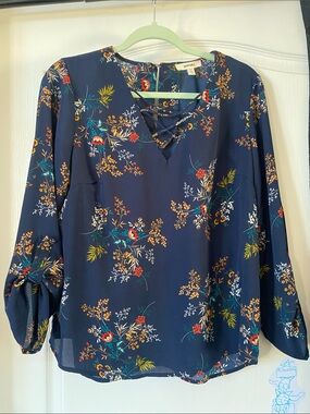 meraki Navy Floral V-Neck Lattice Blouse